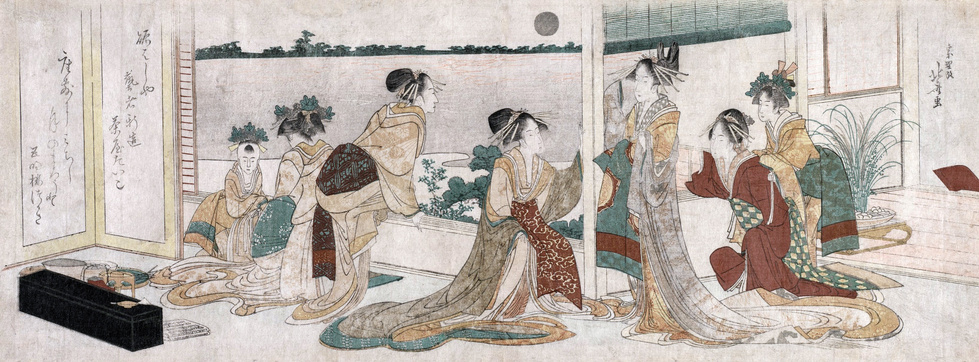 Tsukasa and Other Courtesans of the Ogiya Watching the Autumn Moon Rise Over Rice Fields from a Balcony in the Yoshiwara, courtesy of the Cleveland Museum of Art.